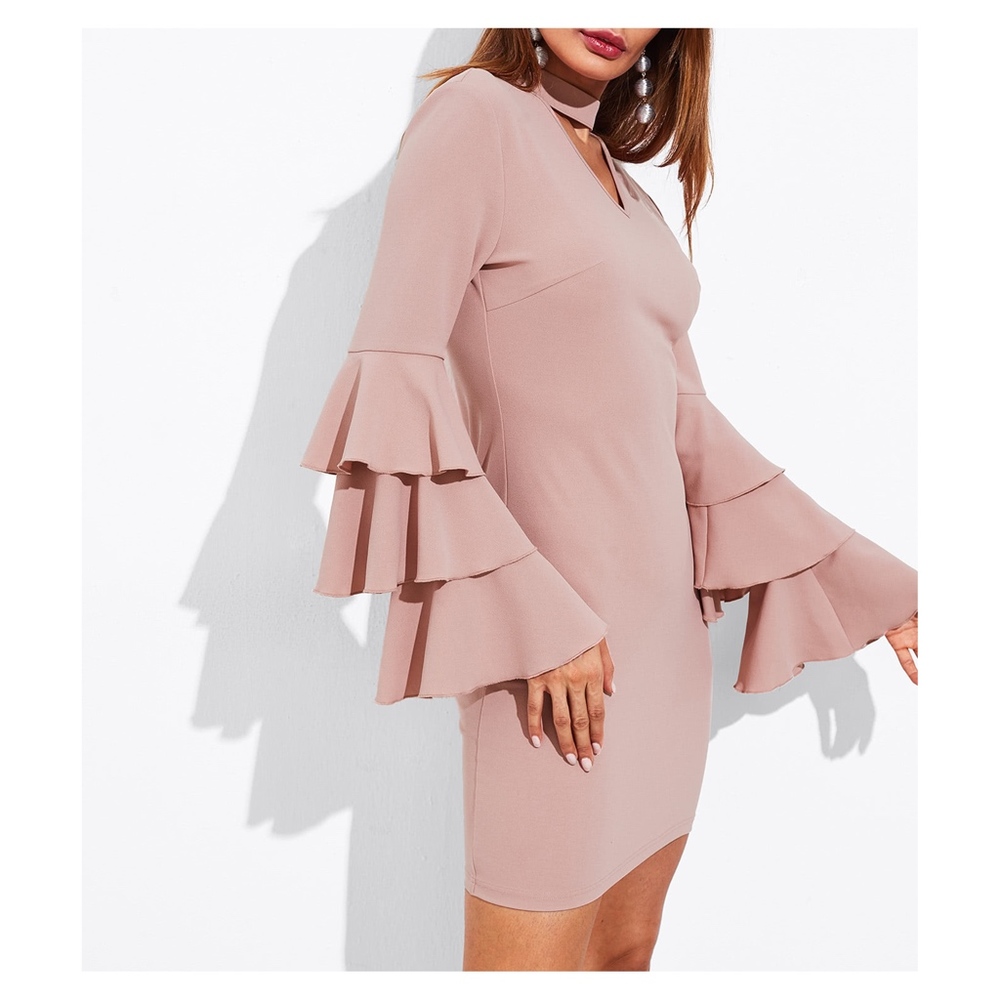 Dusty Pink Tiered Long Sleeve Bodycon Choker Dress - Picture 3 of 5